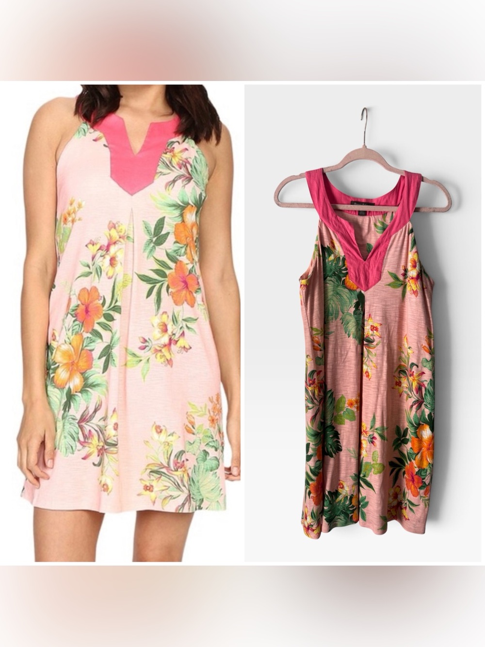 Tommy Bahama Pink Tropical Floral V-Neck Cotton Dress, Large